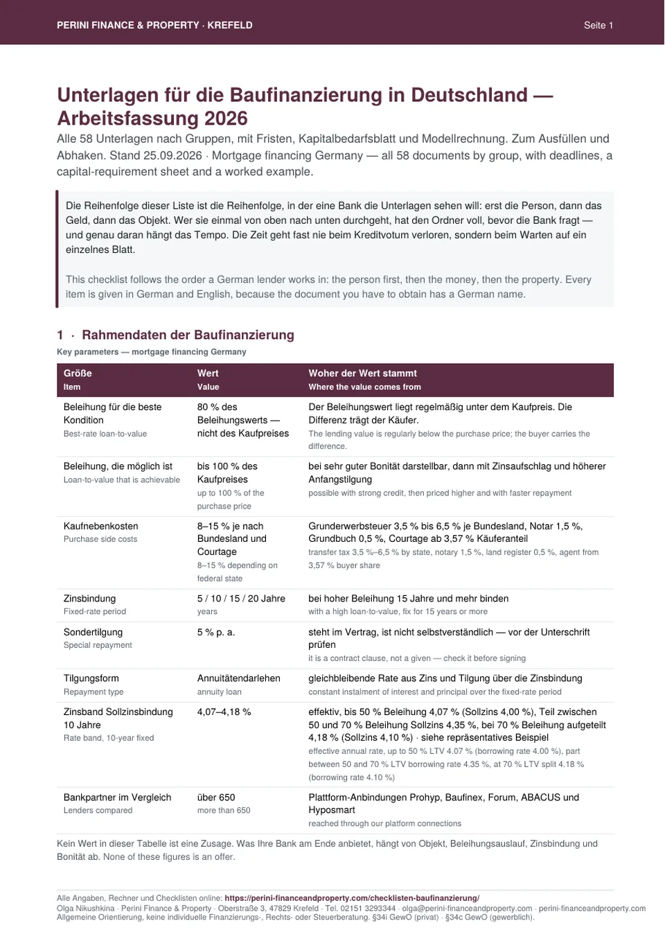 Mortgage document checklist Germany, page 1: key parameters of the financing