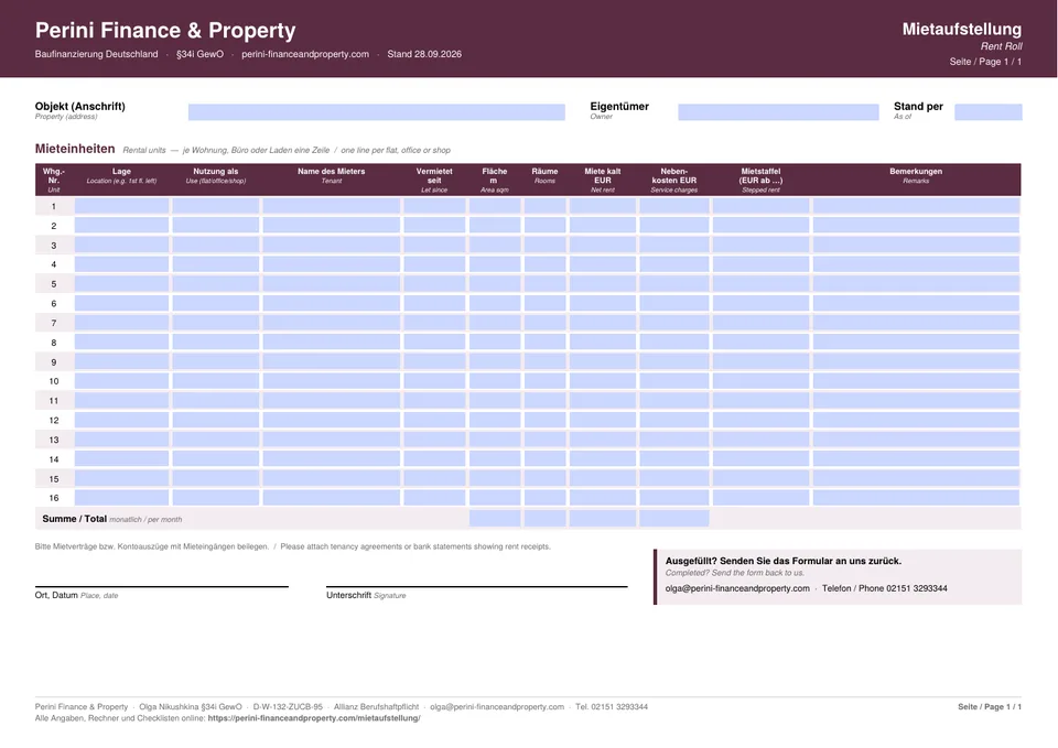 Rent roll template DE/EN: table with 16 units, tenant, area, net rent, service charges and stepped rent
