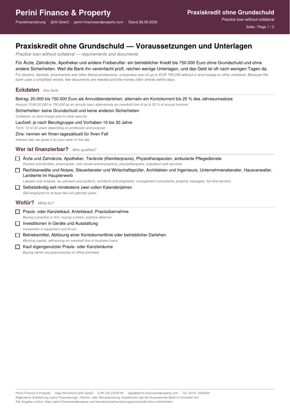 Checklist practice loan without collateral, page 1: key facts, requirements and purpose