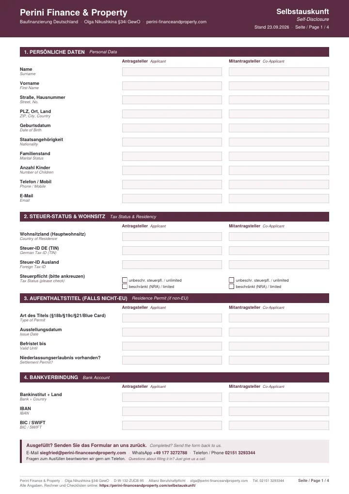 Selbstauskunft-Vorlage DE/EN, Seite 1: persönliche Daten, Steuerstatus, Aufenthaltstitel und Bankverbindung, je eine Spalte für Antragsteller und Mitantragsteller