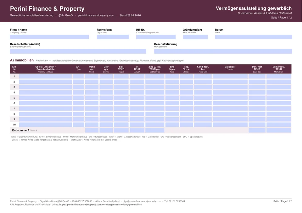 Commercial assets and liabilities statement DE/EN, page 1: company details and property table