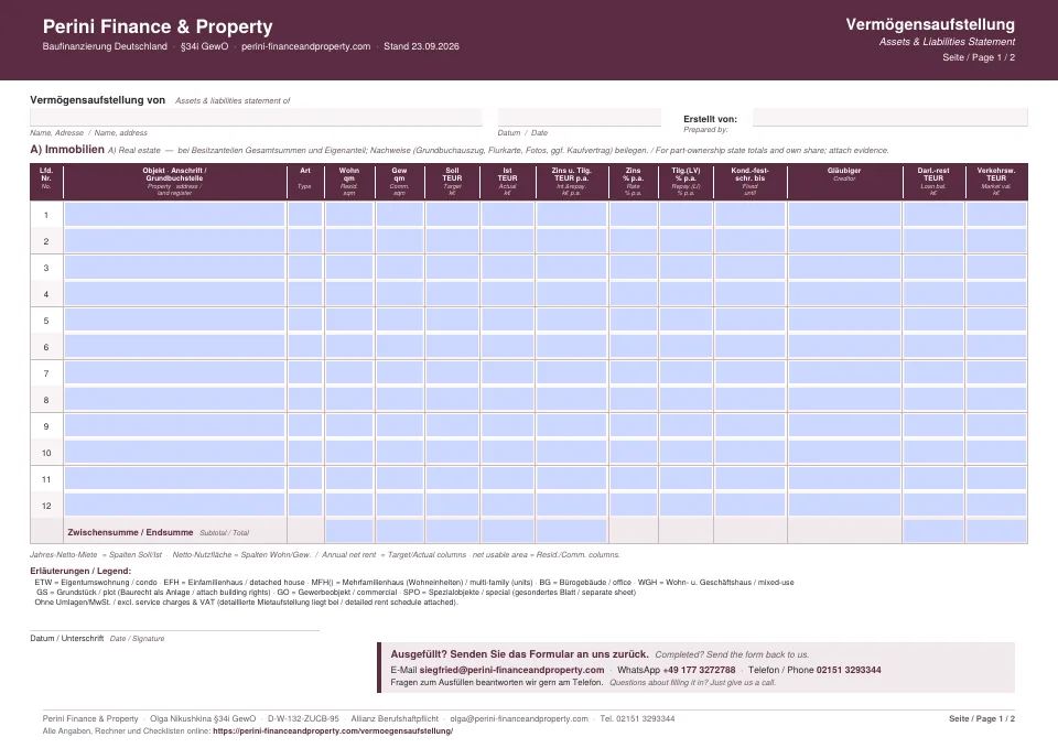 Vermögensaufstellung-Vorlage DE/EN, Seite 1: Tabelle der Immobilien mit Anschrift, Flächen, Miete, Zins und Tilgung, Restschuld und Verkehrswert